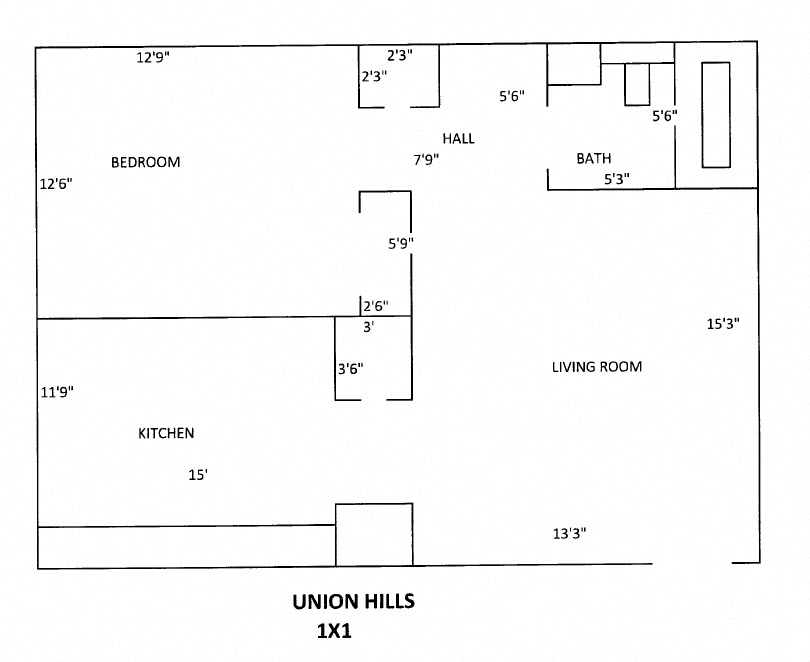 Floor plan for 1 bed, 1 bath, 580 sqft